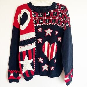 Vintage 80s90s Ninon De Lenclos Patchwork Americana Red White Blue Sweater Large